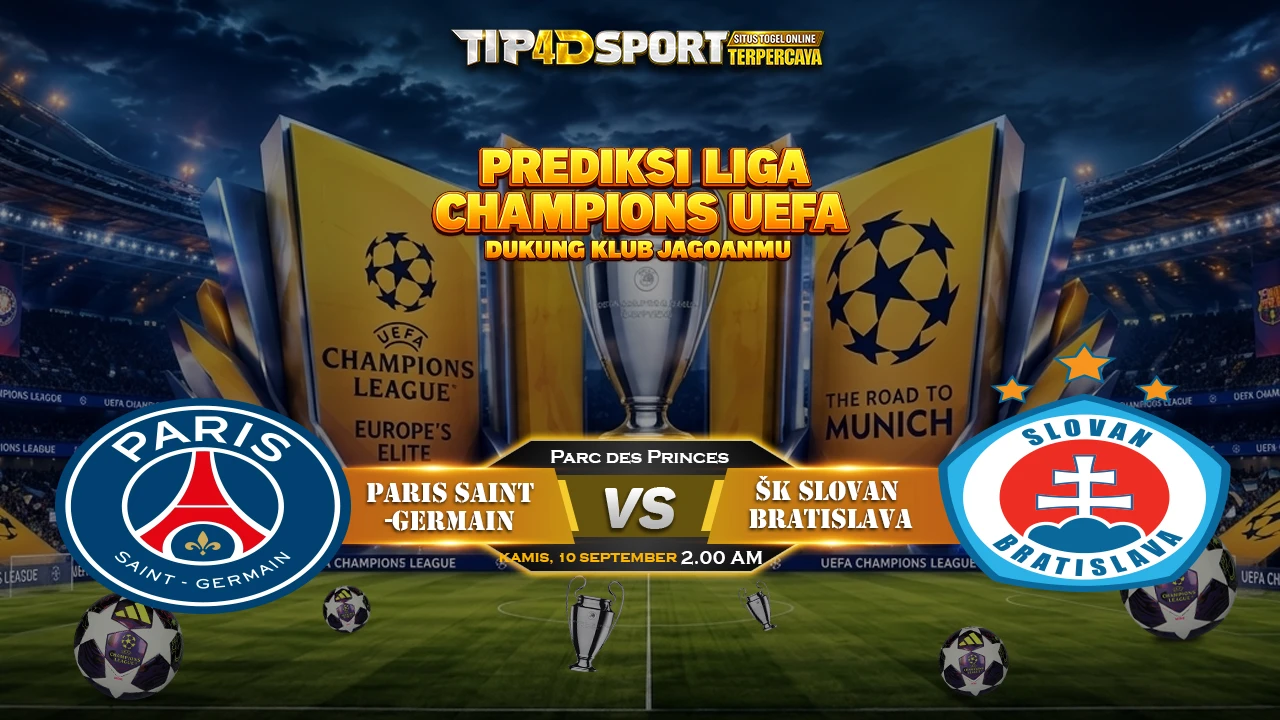 Pertandingan Paris Saint-Germain melawan ŠK Slovan Bratislava di Liga Champions akan berlangsung pada Kamis, 10 September 2026 pukul 02.00 WIB.